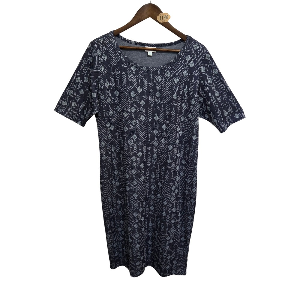 LuLaRoe Julia Dress Womens 2XL Navy Blue White Geometric Tribal Print Knit Shift
